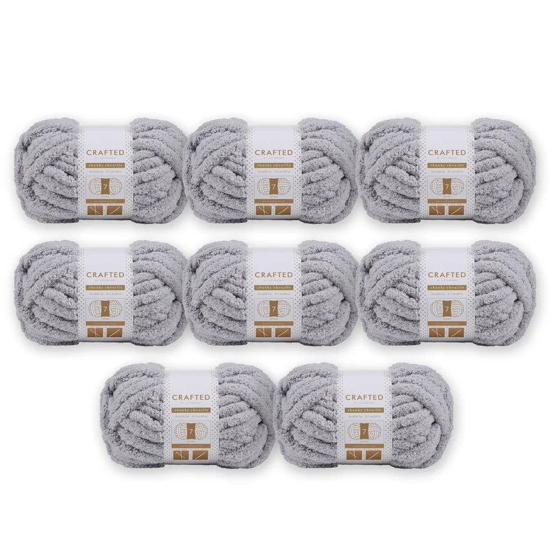 Crafted By Catherine Chunky Chenille Yarn - 8 Pack (8 oz / 227 g, 31.7 Yards Each Skein), Light Grey, Gauge 7 Jumbo