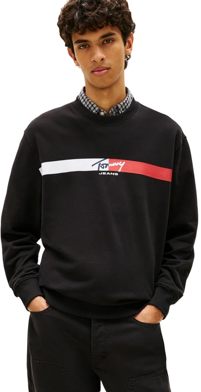 Tommy Jeans Men's TJM Reg Sign Stripe Cnck Ext DM0DM23019 Pullover Sweatshirt, Black (Black), L