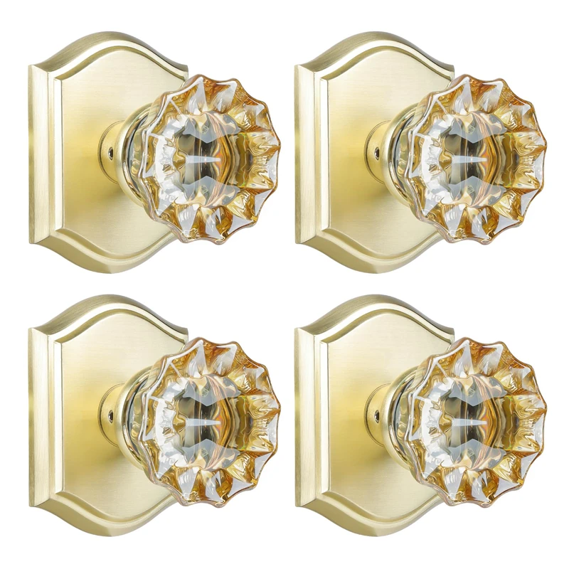 CLCTK Champagne Crystal Glass Dummy Door Knob, Bifold Closet Gold Satin Brass Door Knobs Dummy Door Handles Non-Turning Single Side, 4 Pack