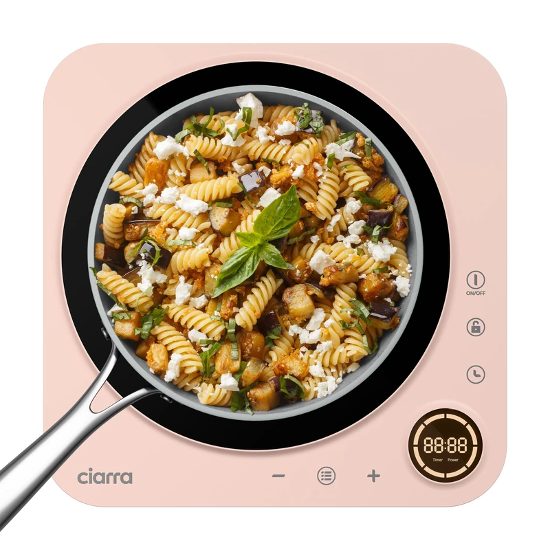 CIARRA CAPTIH1-P Portable Induction Plate 8 Levels, Portable Electric Plate 2000 Watts, Touch Display, Timer, High Resistance Glass Design, Pink