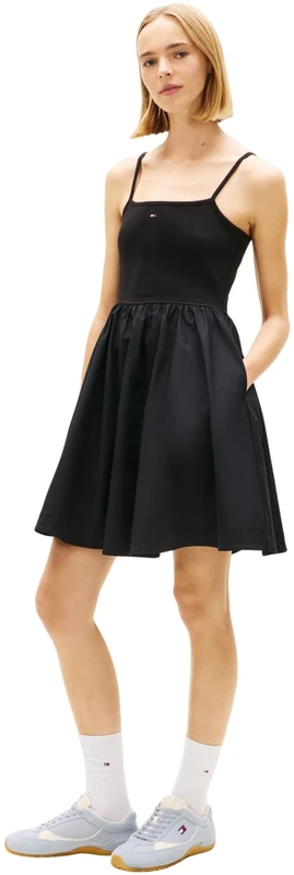 Tommy Jeans Women's Tjw Rib Poplin Mix Strappy Dress DW0DW22352 Flare Dress, Black (Black), L
