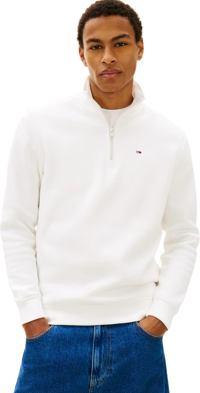 Tommy Jeans Men's Tjm Reg Fleece 1/4Zip Mock Neck DM0DM20339 Half Zip Sweatshirt, WHITE (Ecru), S