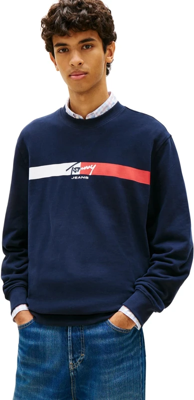 Tommy Jeans Men's TJM Reg Sign Stripe Cnck Ext DM0DM23019 Pullover Sweatshirt, Blue (Dark Night Navy), S