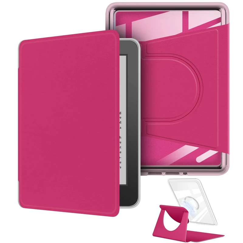 360 Degree Rotating Case for Kindle, Detachable Magnetic Design Protective Adjustable Stand Cover Clear Back with Auto Sleep/Wake (Raspberry, 6.8" Kindle Paperwhite 11th Gen 2021)