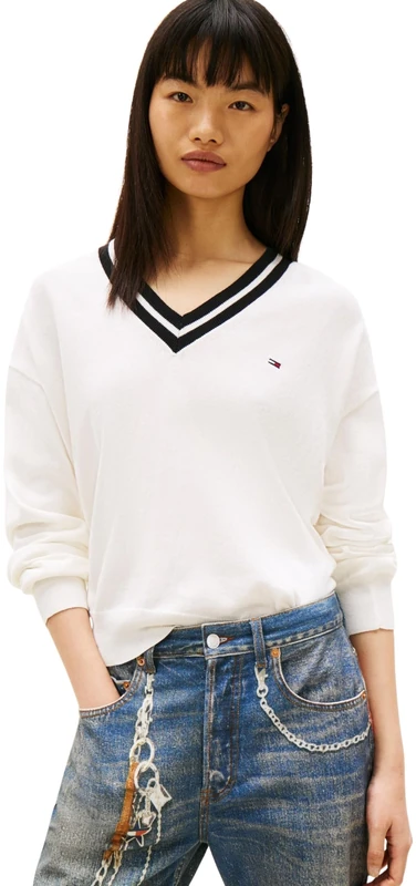 Tommy Jeans Women's Tjw RLX V-Neck Tipping Sweater DW0DW22778 Pullover Sweater, White (Ancient White), XL