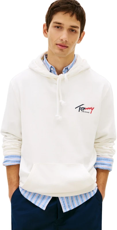 Tommy Jeans Men’s Hoodie Entry Sign with Kangaroo Pocket, White (Ecru), L