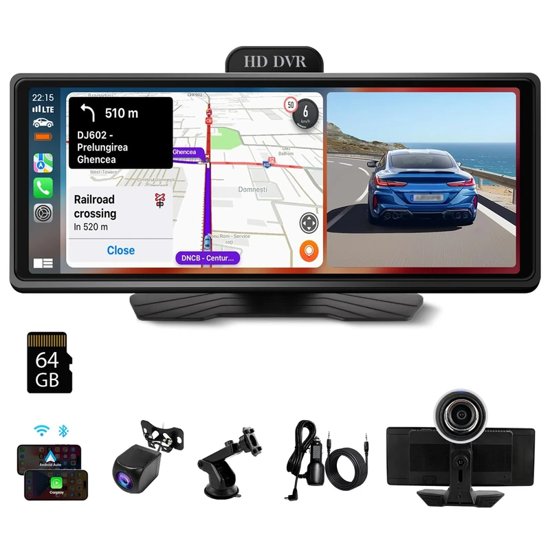 Haudio 10.26" Car Play Screen for Wireless Apple Carplay & Android Auto, Portable Car Stereo with DVR 1080P Front & Rear Camera, Bluetooth, Voice Control, GPS, AUX/FM Radio w/64G TFCard for All Cars