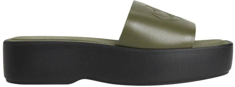 Calvin Klein Women's Flatf Sndl Lth Mg HW0HW03026 Flat Sandals, GREEN (Deep Lichen Green), 3.5