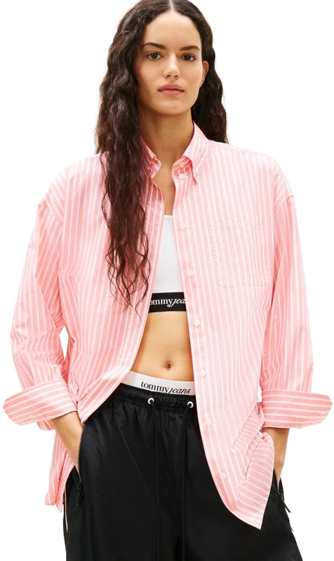 Tommy Jeans Women's Tjw Ovs Poplin Shirt DW0DW22218 L/S Blouses, Pink (Tropical Blush/Stripe), S