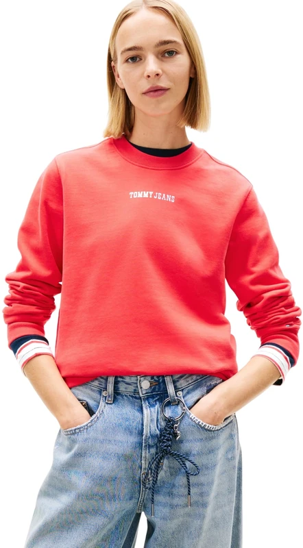 Tommy Jeans Women’s Sweatshirt Essential Logo with Round Neckline, Red (Red Alert), XS