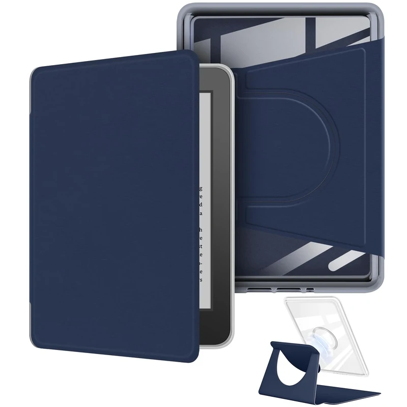 360 Degree Rotating Case for Kindle, Detachable Magnetic Design Protective Adjustable Stand Cover Clear Back with Auto Sleep/Wake (Dark Blue, 6.8" Kindle Paperwhite 11th Gen 2021)