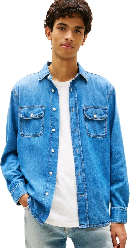 Tommy Jeans Men’s Denim Shirt Denim in Cotton, Blue (Denim Medium), XL