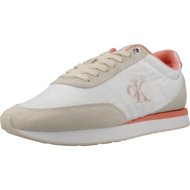 Calvin Klein Women's Retro Runner Lace Up Nylon Mg Yw0Yw01990 Low Top, Beige (Brilliant White/Light Cashew/Pink), 5