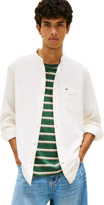 Tommy Jeans Men's TJM Reg Linen Mx Band Cllr Shirt DM0DM22756 L/S, White (Ecru), S