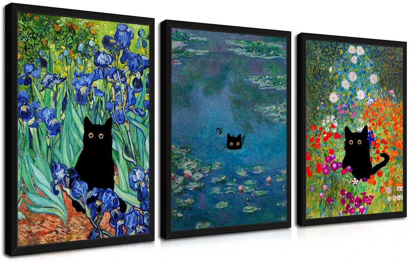 Wood Framed Monet Wall Art Set of 3 - Funny Cat in Water Lilies Canvas Paintings Prints, Garden Flowers Black Cat Aesthetic Pictures for Room Bedroom Living Room Bathroom 16x24 inch