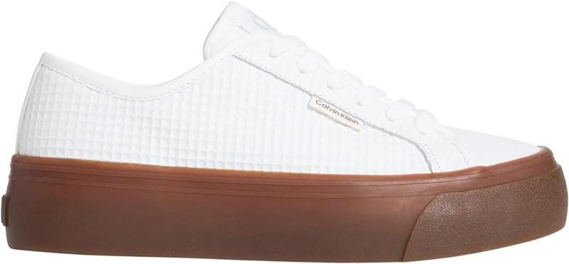 Calvin Klein Women's Vulc Flatf Lace Up Text LTH HW0HW02972 Low Top, Gold (Bright White/Gum), 3.5