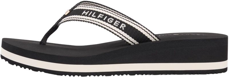 Tommy Hilfiger Women’s Flip Flops Flag Print Summer with Wedge Heel, Black (Black), 7.5