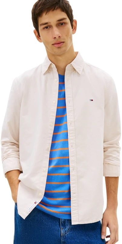 Tommy Jeans Men's TJM Reg Oxford Shirt Ext Dm0Dm21298 L/S Shirt, Beige (White Clay), M