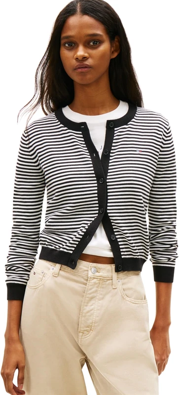 Tommy Jeans Women's Tjw Essential Crew Neck Cardigan Dw0Dw20976 Sweater, Black (Black Stripe 02), M