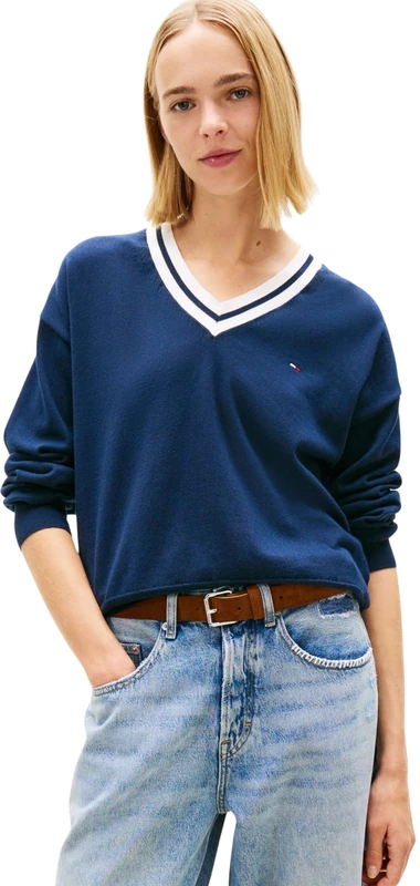 Tommy Jeans Women's Tjw RLX V-Neck Tipping Sweater DW0DW22778 Pullover, Blue (Dark Night Navy), XS
