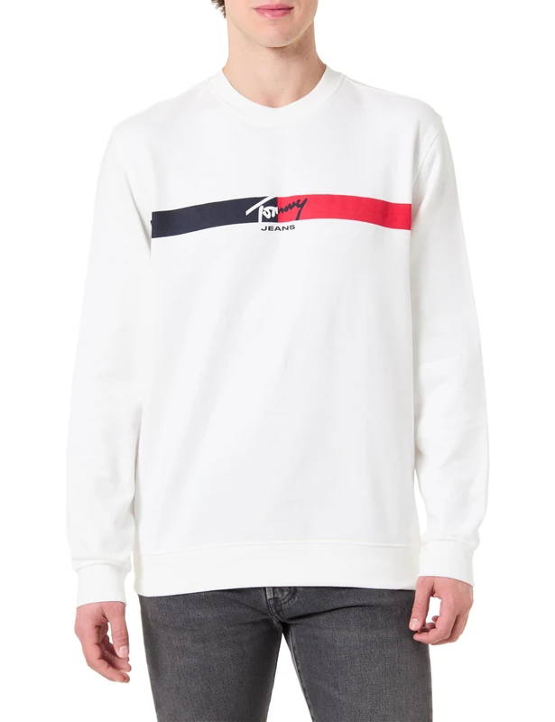 Tommy Jeans Men's TJM Reg Sign Stripe Cnck Ext DM0DM23019 Pullover Sweatshirt, White (Ecru), XL