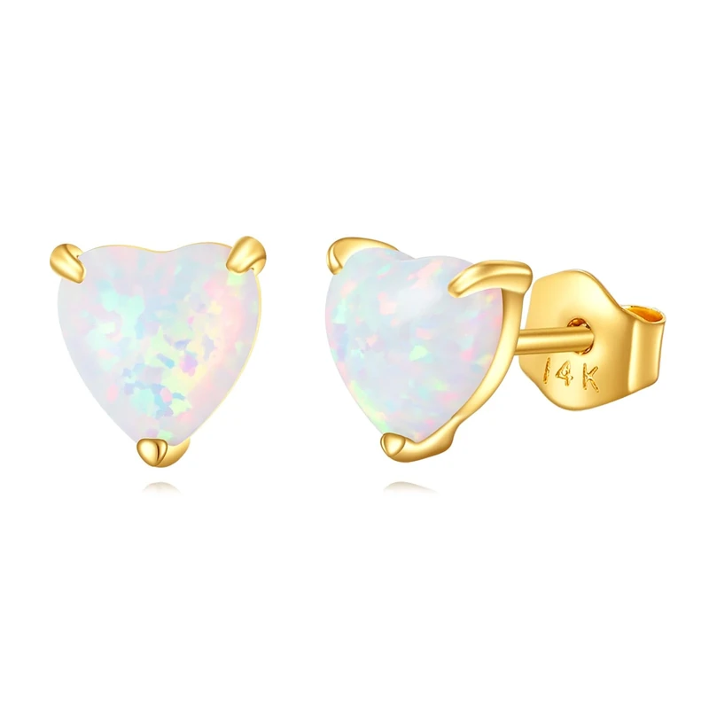 KECHO 14K Real Gold Opal Stud Earrings Heart White Opal Earrings Jewellery Yellow Gold Gifts for Women