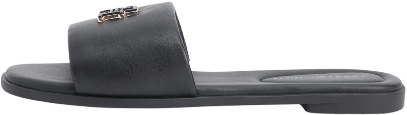 Tommy Hilfiger Women's Th Logo Hardware Leather Mule FW0FW09292 Flat Sandals, BLACK (Black), 6