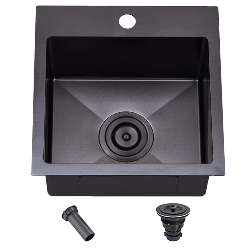 SHACO 15 Inch Drop in Black Bar Sink,15x15 Inch Stainless Steel Top Mount Small Single Bowl Kitchen Bar Sink, Gunmetal Black 16 Gauge Small Kitchen Sink with Strainer Drain