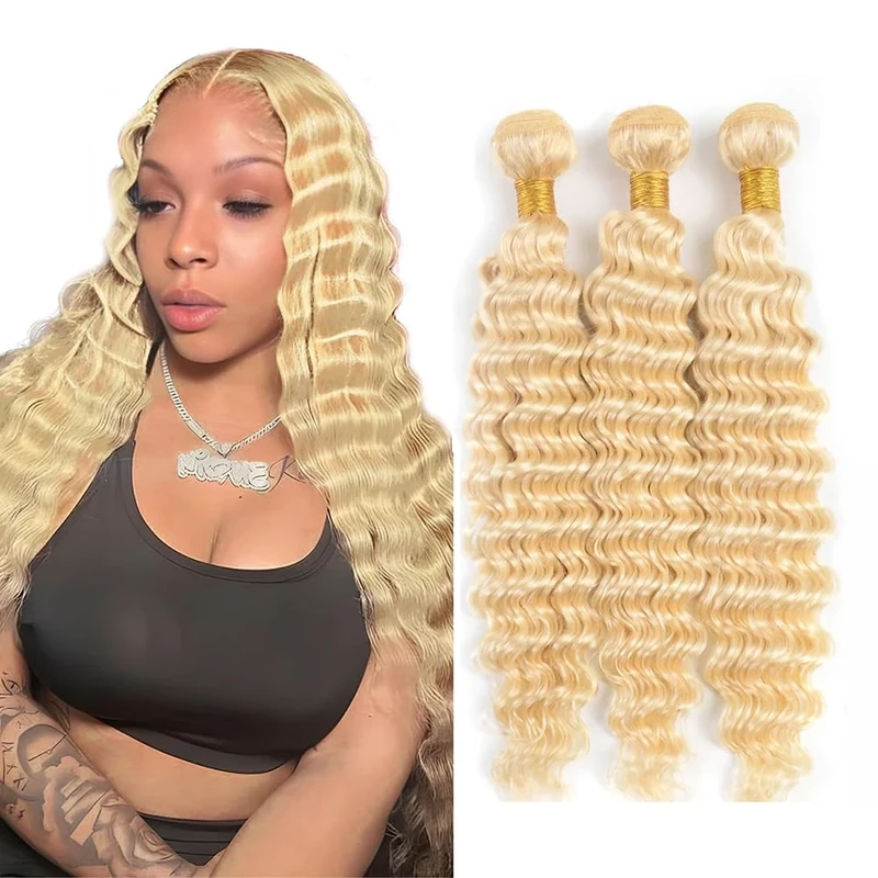 Jucames Deep Wave #613 Blonde Human Hair Bundles Double Weft Virgin Unprocessed Human Hair Extensions Weave 3 Bundles Total 150g For Women 18 20 22 Inch