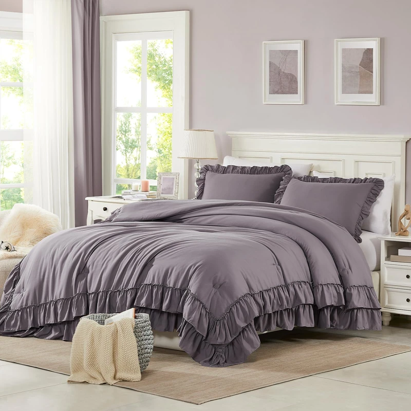 Cupocupa Purple Full Comforter Set, 3Pcs Ruffle Farmhouse Bedding Sets with Comforter & Pillowcases, Soft Shabby Chic Lightweight Fluffy Comforter Set for All Season Bedroom Decor (Purple, F)