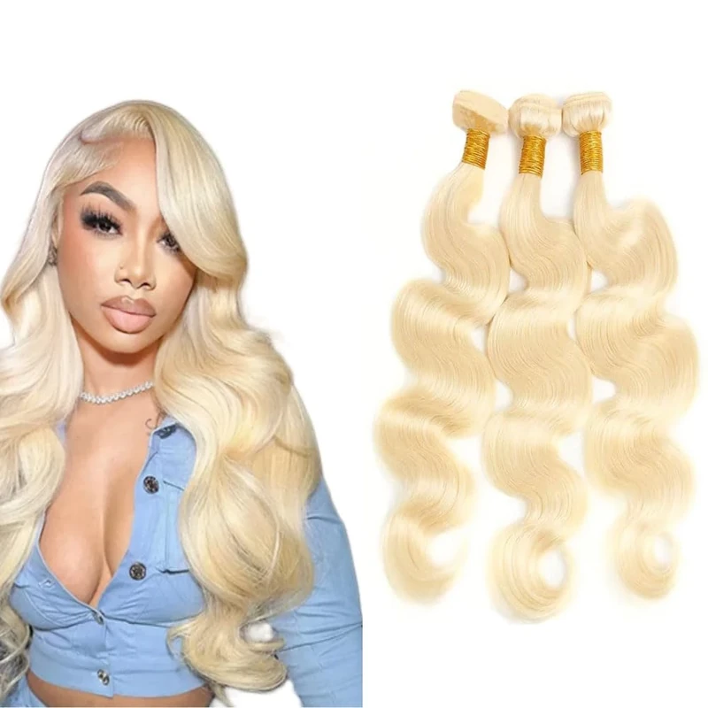 Jucames Body Wave #613 Blonde Human Hair Bundles Double Weft Virgin Unprocessed Human Hair Extensions Weave 3 Bundles Total 150g For Women 18 20 22 Inch