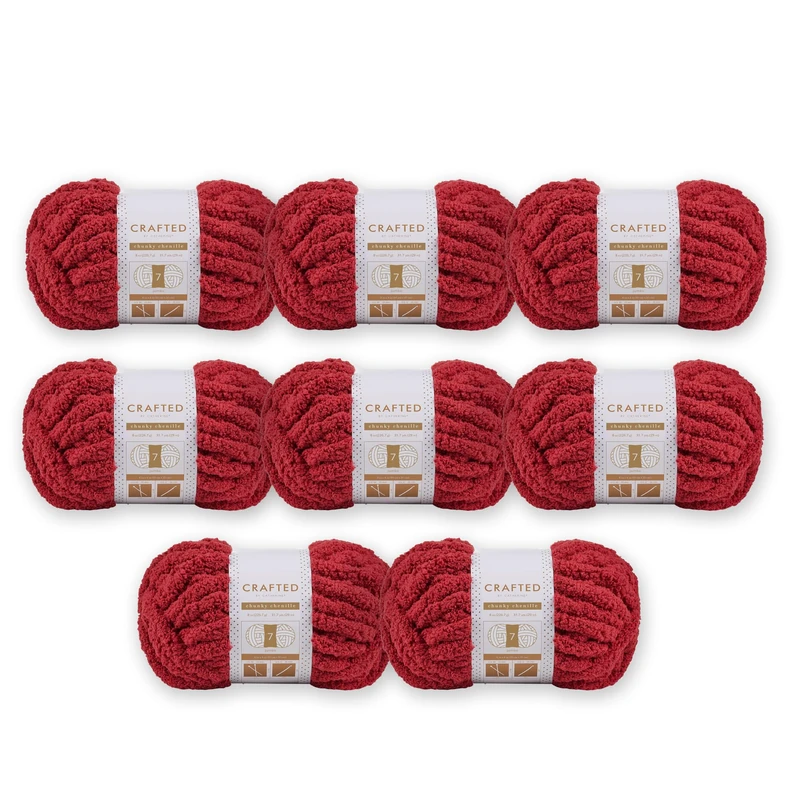 Crafted By Catherine Chunky Chenille Yarn - 8 Pack (8 oz / 227 g, 31.7 Yards Each Skein), Dark Red, Gauge 7 Jumbo
