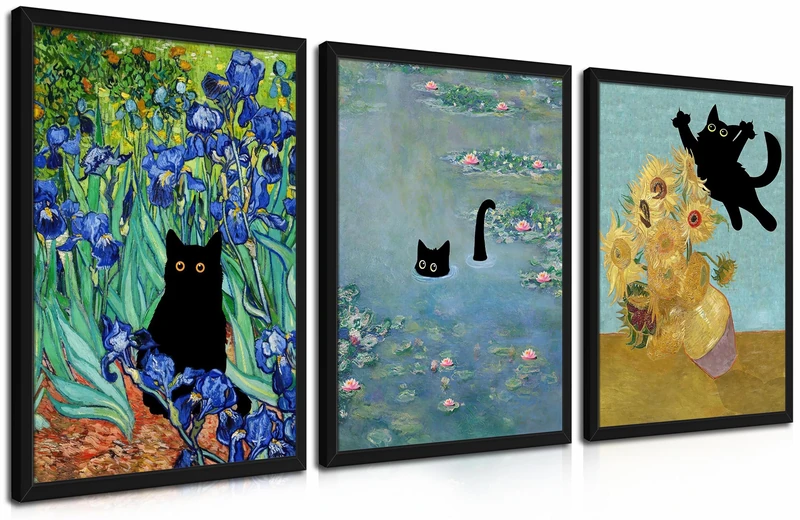 MUWAK Wood Framed Monet Wall Art Set of 3 - Funny Cat in Water Lilies Canvas Paintings Prints, Van Gogh Sunflower Cat Aesthetic Pictures for Room Bedroom Living Room Bathroom 16x24 in