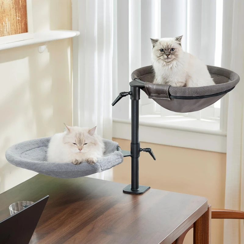 CATISM Double Layer Cat Desk Bed - 360° Rotatable Hanging & Height Adjustable Cat Beds with 4 Washable Cushions, Sturdy Steel Frame for 2 Cats, Cats Perch for Office Desk