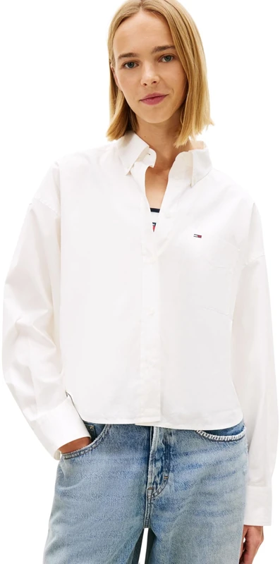 Tommy Jeans Women's Tjw Essential Crop Shirt DW0DW22766 L/S, White (Ecru), S