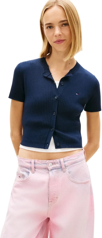 Tommy Jeans Women's Tjw Essential Ss Rib Cardigan DW0DW22315 Cardigan Sweater, Blue (Dark Night Navy), S
