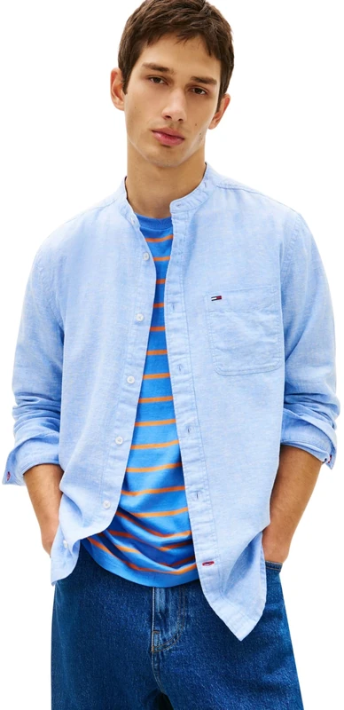 Tommy Jeans Men's TJM Reg Linen Mx Band Cllr Shirt DM0DM22756 L/S, Blue (Blue Twilight), S