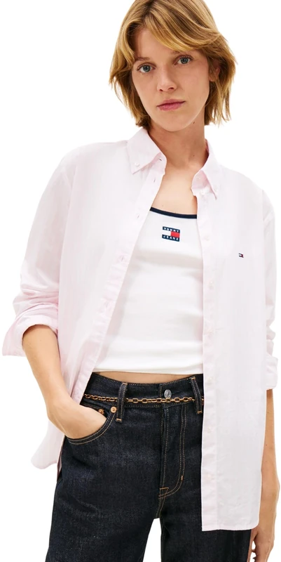 Tommy Jeans Women's Tjw Reg Poplin Shirt Ext DW0DW22211 L/S Shirt, Pink (Pearly Pink/Stripe), XL