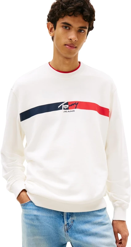 Tommy Jeans Men's Tjm Reg Sign Stripe Cnck Ext DM0DM23019 Pullover Sweatshirt, WHITE (Ecru), 4XL_Plus