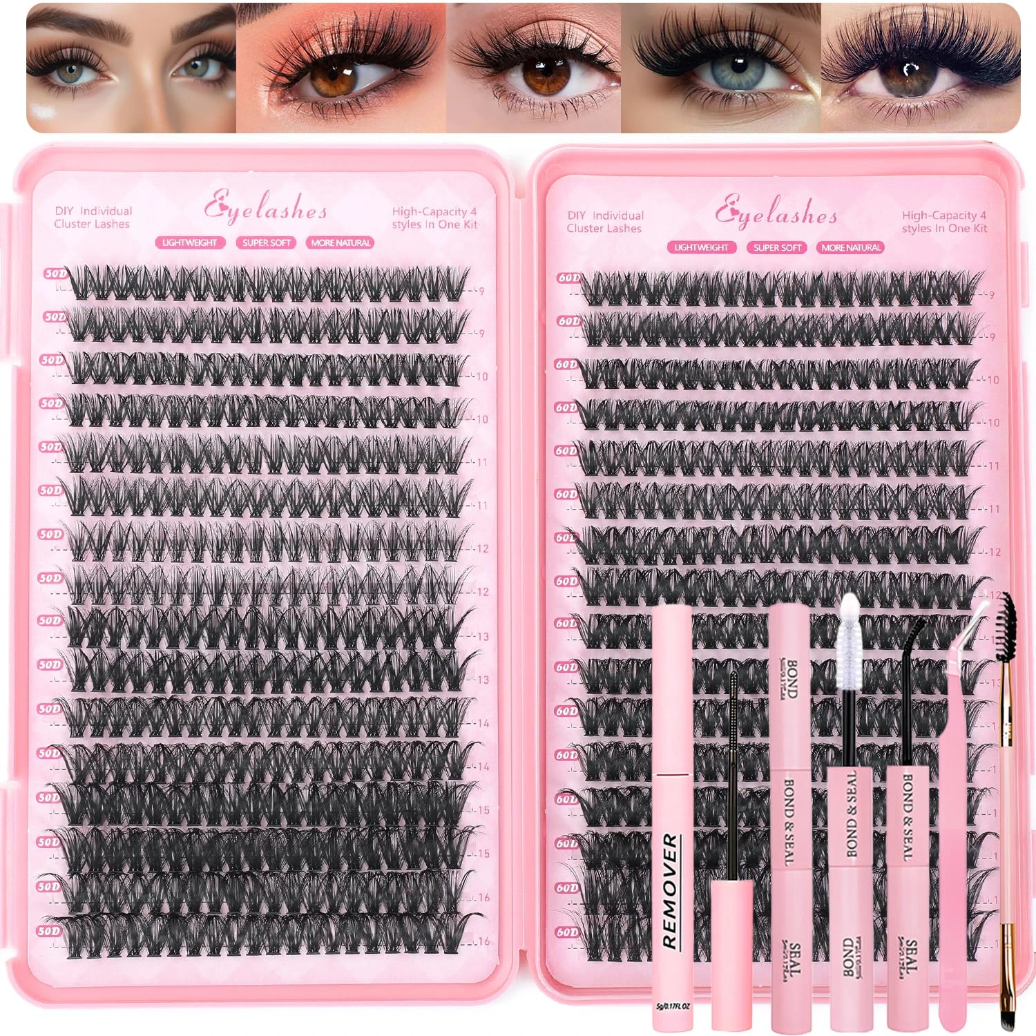 Lash Clusters Kit, 640 Pcs Eyelashes Clusters Extensions Kit 9-16mm Individual Lashes D Curl Flufffy Wispy False Eyelashes Thin Band, with Bond Seal Tweezers Brush (50D-60D Kit)