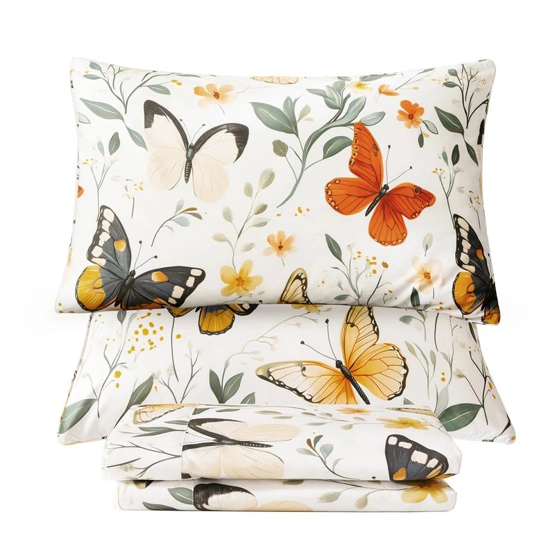 QSH Green Floral Sheets Queen Size,100% Egyptian Cotton Sheets Queen Rosemary Flowers Butterfly Botanical Pattern Printed Bedding Sheet Extra Soft and Breathable 17.5" Deep Pockets Bed Sheet 4PCs