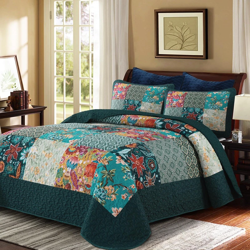 DJY Patchwork Quilt Set King Size 3 Pieces Green Plaid Floral Bedspread Coverlet Set, Boho Turquoise Rustic Lightweight Reversible Bedding Quilt for All Season (110''x90'')