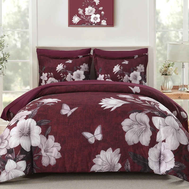 DHSFKBE Floral Comforter Set Queen Size, 7 Pieces Burgundy Bed in a Bag, Elegant Floral Butterfly Comforter and Sheet Set, Soft Microfiber Bedding Set for All Seasons(Burgundy,90"x90")