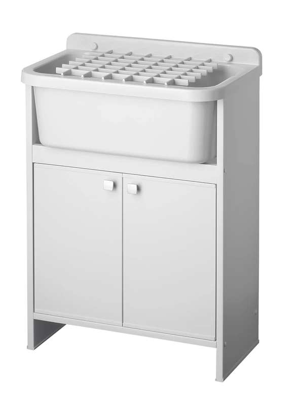 Negrari Space-Saving Wash Basin in PVC Resin, Acid Resistant Bathtub, Drain Kit Included, Indoor and Outdoor, with Grid, W55 x D35 x H80 cm, White