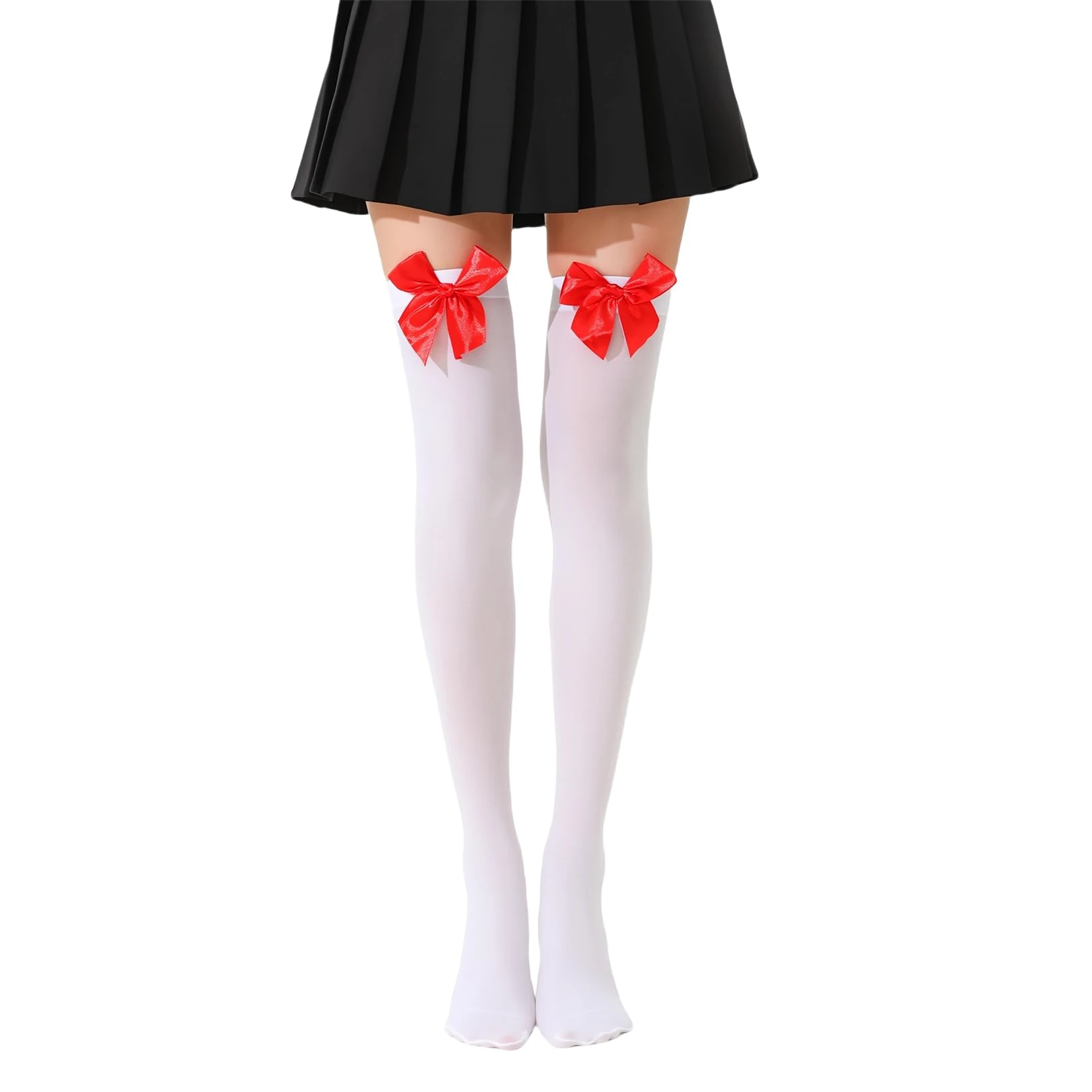 Jiamaohua 1 Pair White Thigh High Socks with Bows White Stockings Knee High Socks with Red Bow Opaque Bow Lace Over The Knee Long Stockings for Women Halloween Fancy Dress Xmas Valentine's Day Favors