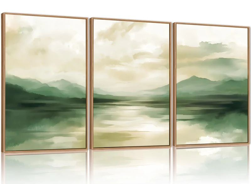 FWIEXA Sage Green Abstract Canvas Wall Art Set of 3, Framed Beige White Mountain Painting, Neutral Watercolor Landscape Prints, Nature Mountains Lake Prints, 16x24In Artwork for Living Room, Bedroom