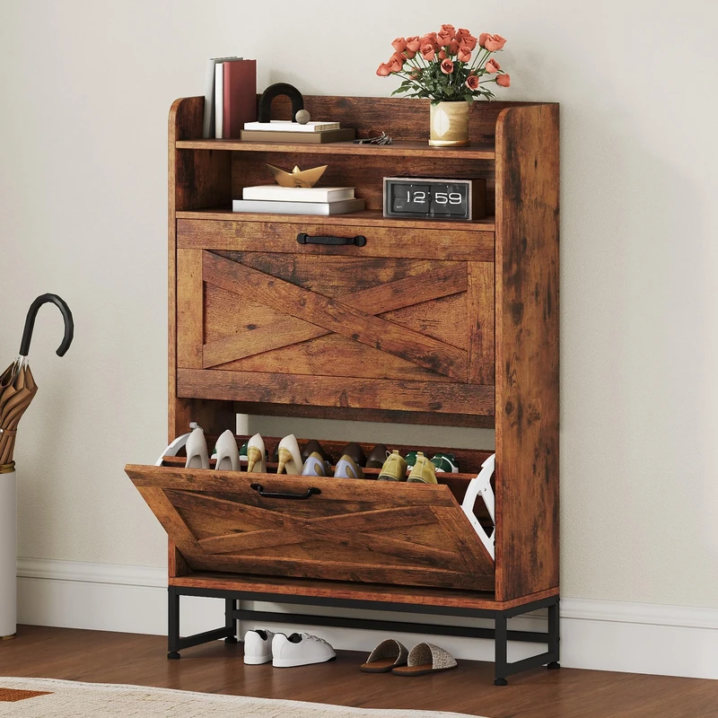 DWVO Shoe Cabinet with 2 Flip Drawers & Open Shelves – Rustic Brown Wooden Shoe Storage Organiser for Hallway, Living Room, Bedroom – Narrow Floorstanding Shoes Cupboard (24x64x114cm)