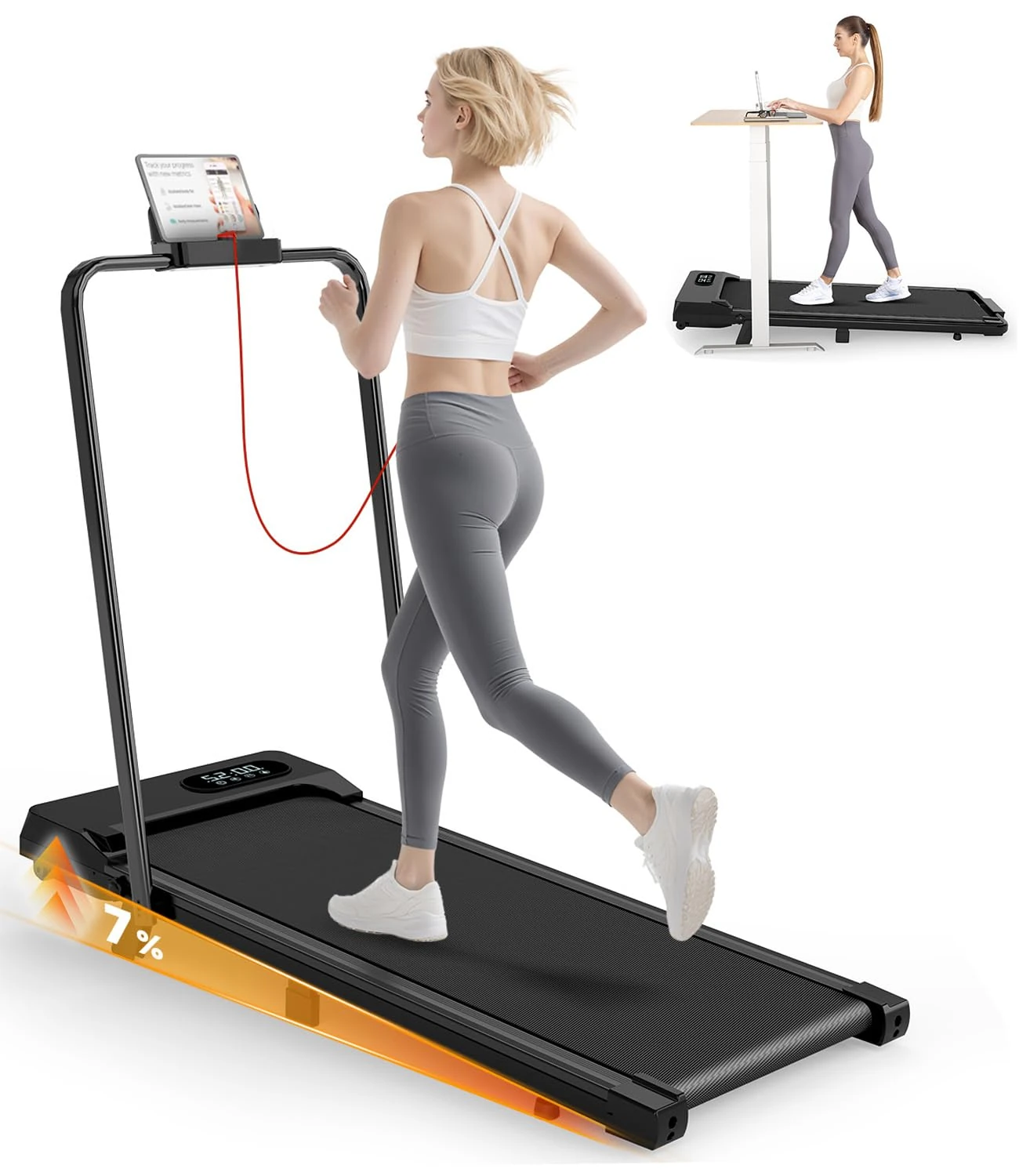 HomeFitnessCode Folding Treadmill with Incline,Walking Pad 2.5HP Under Desk Treadmills for Home,1-8km/h Speed Range,LED Display & Remote Control,No Assembly (Black-Incline)