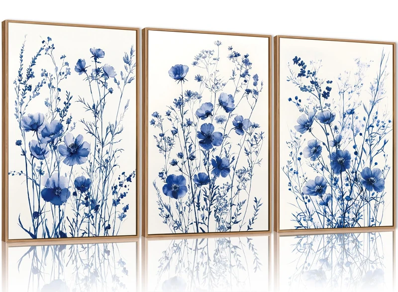 FWIEXA Blue White Wildflower Canvas Wall Art Set of 3, Framed Navy Chinoiserie Watercolor Botanical Pictures Wall Decor, Minimalist Floral Paintings Artwork, 16x24In Florals Prints for Living Room