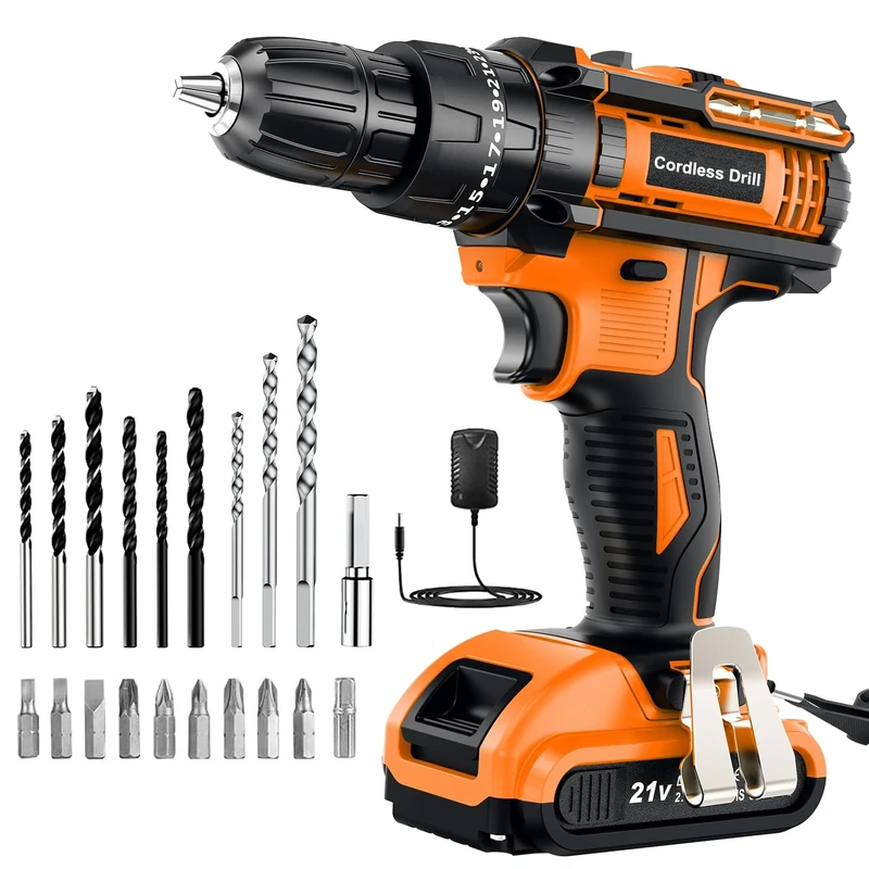 DYJPOW Cordless Drill Driver 21V, with Battery 2000mAh, 25+3 Torque, 42N.m Max, 22PCS Drill Bits, 2 Speed, LED Light for Home and Garden DIY Project, Orange